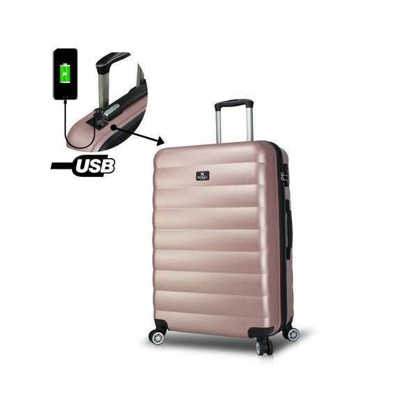 COLORS RESSNO Pilot Suitcase rózsaszín görgős bőrönd USB csatlakozóval - My Valice-image-3