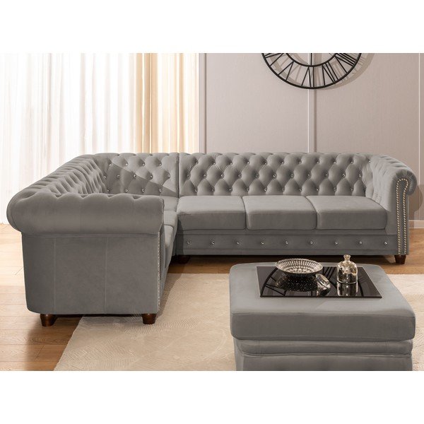 Szürke bársony kinyitható sarokkanapé (bal oldali-L alakú) York Blik – Ropez-image-4