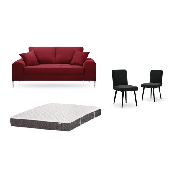 Piros, kétszemélyes kanapé, 2 db fekete szék, matrac (140 x 200 cm) szett - Home Essentials