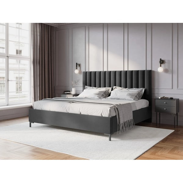 Sötétszürke kárpitozott ágyneműtartós franciaágy ágyráccsal 160x200 cm Casey – Mazzini Beds-image-1
