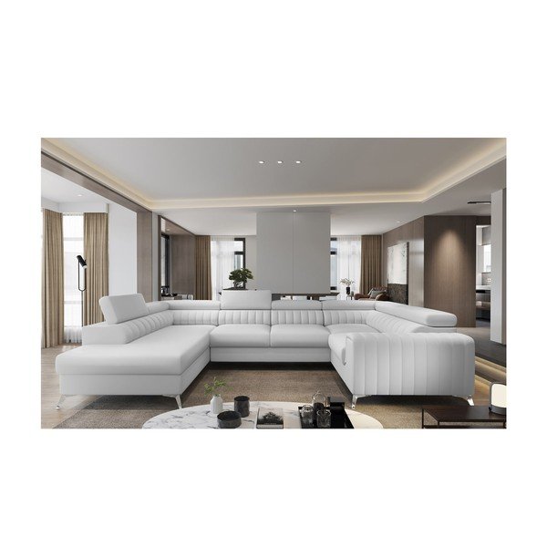 Fehér bőrutánzat kinyitható-tárolóhelyes sarokkanapé (bal oldali-U alakú) Louis – ELTAP-image-1