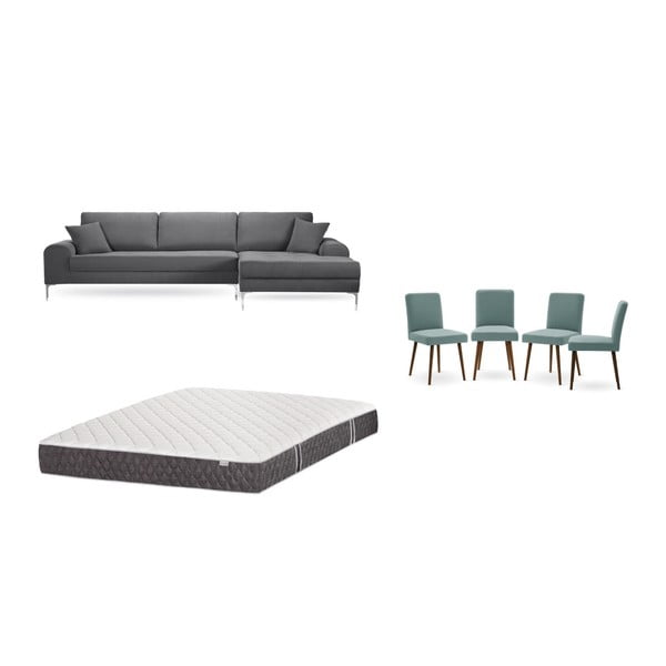 Szürke jobboldali sarokkanapé, 4 db szürkészöld szék, matrac (160 x 200 cm) szett - Home Essentials