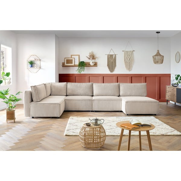 Krémszínű kordbársony sarokkanapé ("U" alakú-variálható) Nihad modular – Bobochic Paris-image-1