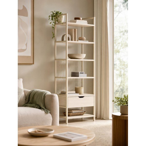 Krémszínű acél könyvespolc 60x179,5x40 cm Amara – Marckeric-image-2