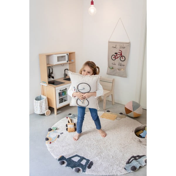 Krémszínű mosható kézi szövésű pamut gyerek szőnyeg ø140 cm Wheels – Lorena Canals-image-4