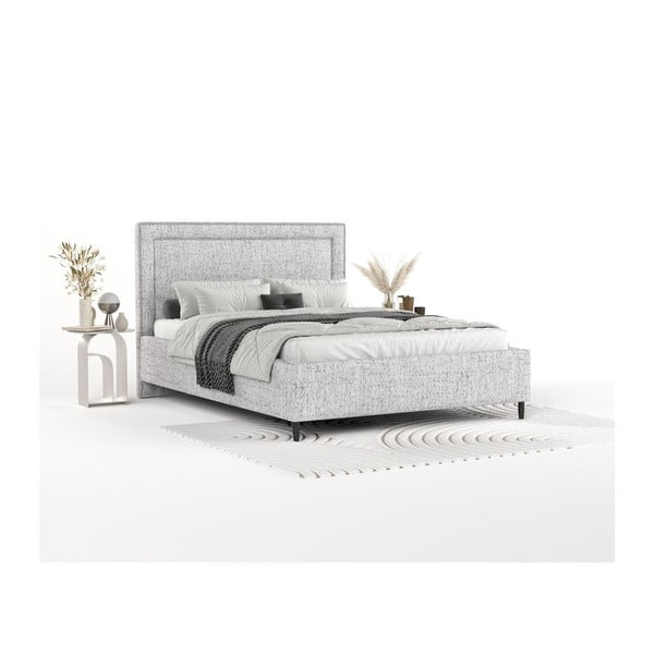 Világosszürke kárpitozott ágyneműtartós franciaágy ágyráccsal 140x200 cm Baleine – Maison de Rêve-image-1