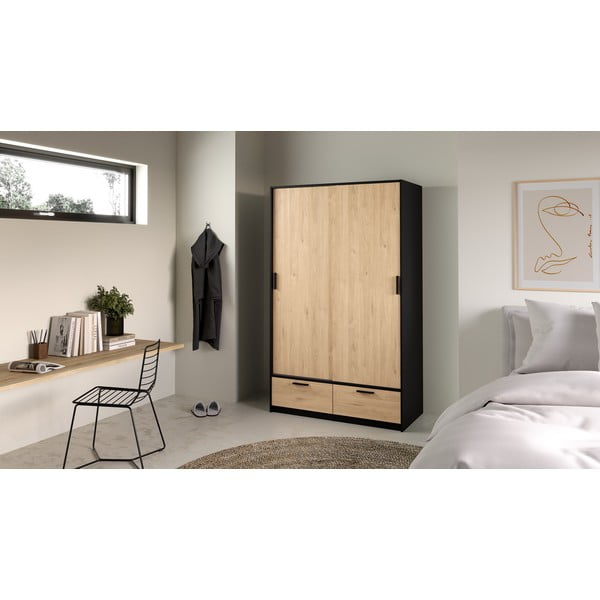 Fekete-natúr színű ruhásszekrény tolóajtóval, tölgyfa dekorral 121x200 cm Line – Tvilum-image-4