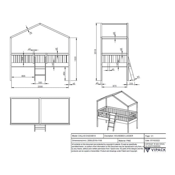 Fehér házikó alakú-magasított borovi fenyő gyerekágy 90x200 cm DALLAS – Vipack-image-3