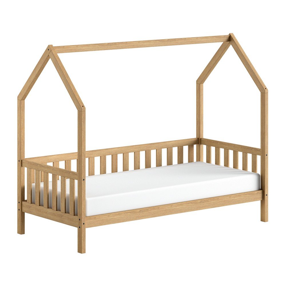 Natúr színű tölgyfa házikó alakú gyerekágy ágyráccsal 90x200 cm Cabane  Vipack