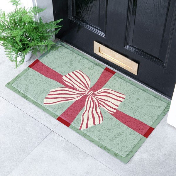 Újrahasznosított műanyag lábtörlő karácsonyi mintával 40x70 cm Red & White Stripe Bow – Artsy Doormats-image-1