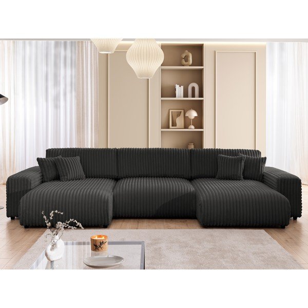 Sötétszürke kordbársony kinyitható-tárolóhelyes  sarokkanapé (U alakú) Sarina – Ropez-image-1