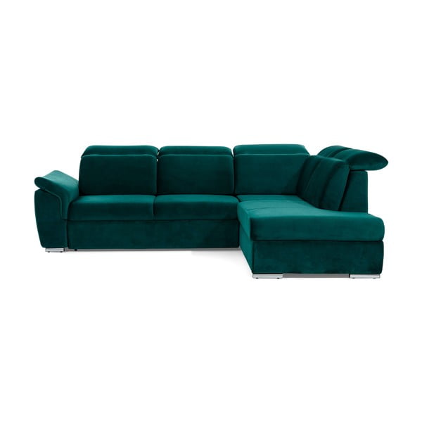 Zöld bársony kinyitható-tárolóhelyes sarokkanapé (jobb oldali-L alakú) Loreto – ELTAP