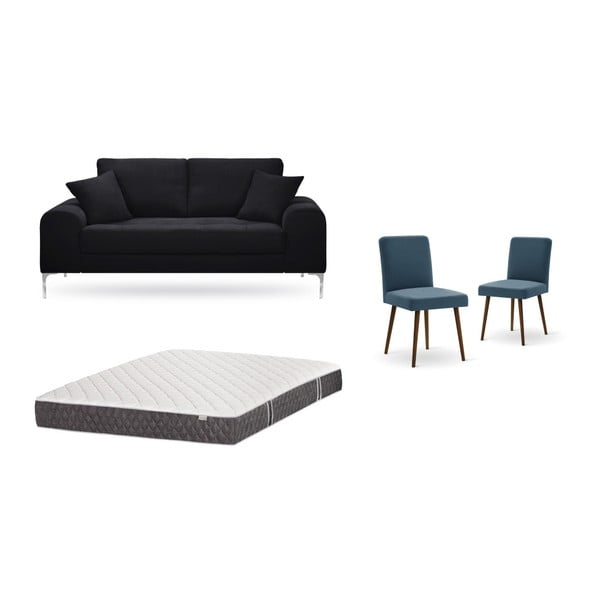 Fekete, kétszemélyes kanapé, 2 db kék szék, matrac (140 x 200 cm) szett - Home Essentials