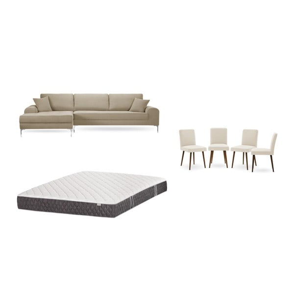 Szürkésbézs baloldali sarokkanapé, 4 db krémszínű szék, matrac (160 x 200 cm) szett - Home Essentials