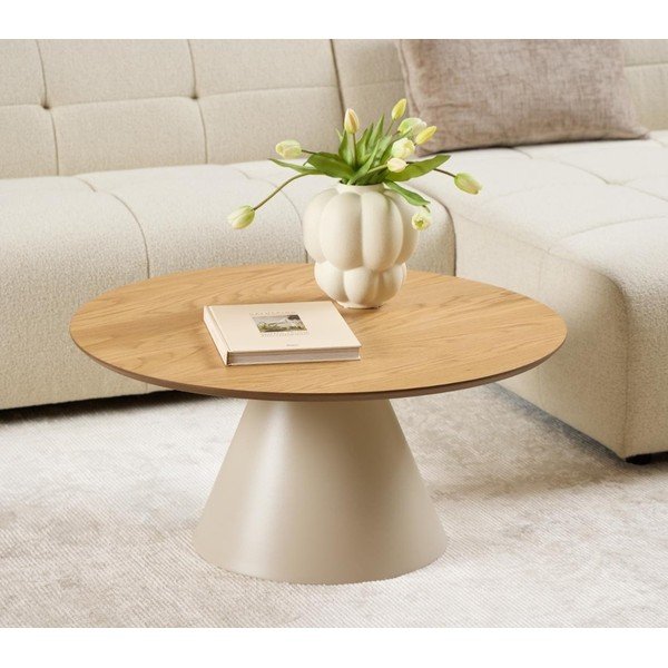 Krémszínű-natúr színű kerek dohányzóasztal tölgyfa dekoros asztallappal ø 85 cm Soli – Actona-image-1