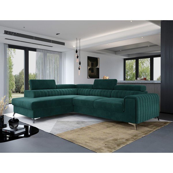 Zöld bársony kinyitható-tárolóhelyes sarokkanapé (bal oldali-L alakú) Laurence – ELTAP-image-1