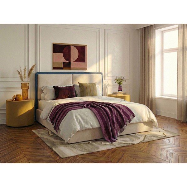 Kék-bézs kárpitozott ágyneműtartós franciaágy ágyráccsal 180x200 cm Mara – Bobochic Paris-image-1