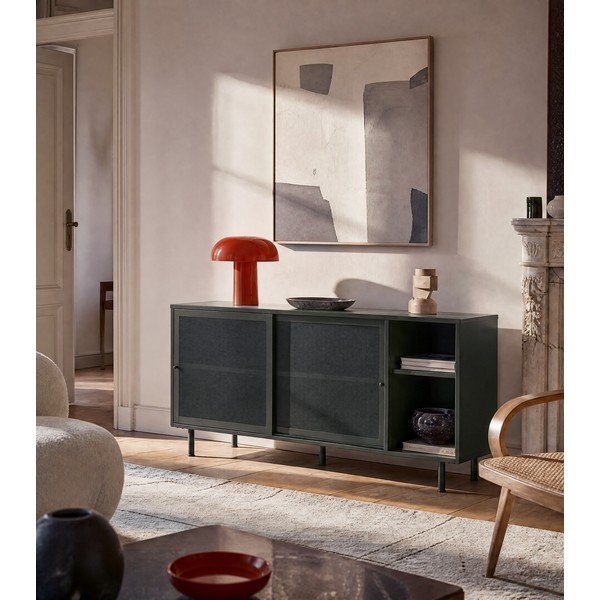 Sötétzöld fém alacsony komód tolóajtóval 160x75 cm Veep – Unique Furniture-image-1