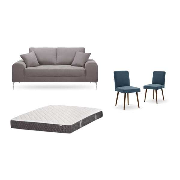 Barna, kétszemélyes kanapé, 2 db kék szék, matrac (140 x 200 cm) szett - Home Essentials