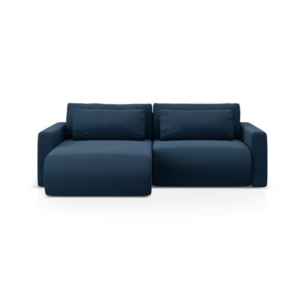 Sötétkék bársony kinyitható tárolóhelyes sarokkanapé Belfast – Cosmopolitan Design