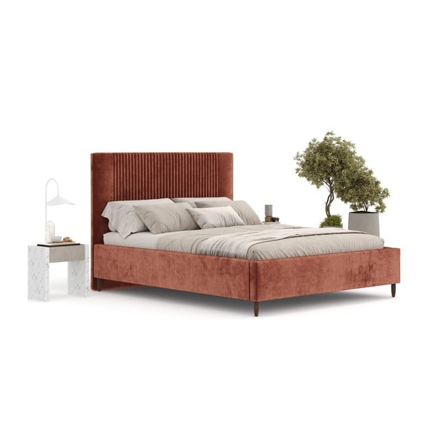 Téglavörös kárpitozott ágyneműtartós franciaágy ágyráccsal 160x200 cm Etero – Maison de Rêve-image-2