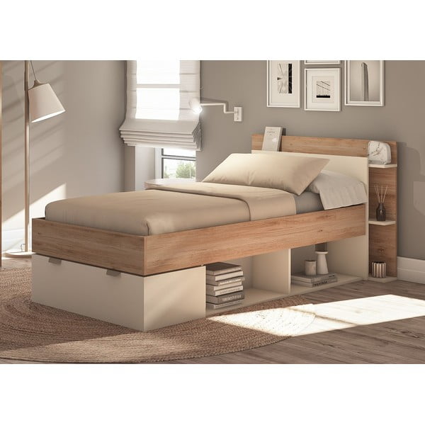 Fehér-natúr színű ágyneműtartós egyszemélyes ágy ágyrács nélkül, tölgyfa dekorral  90x200 cm Albo – Marckeric-image-1