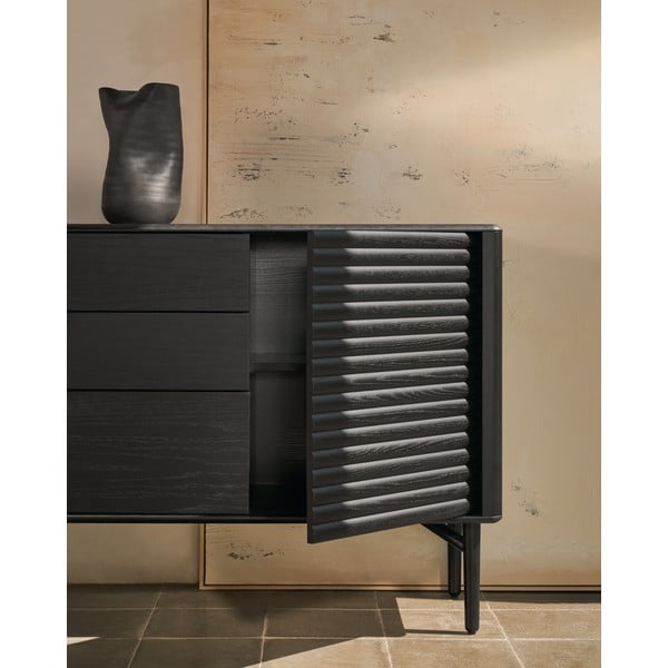 Fekete komód tölgyfa dekorral 200x86x45 cm Lenon – Kave Home-image-4