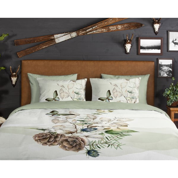 Zöld-krémszínű egyszemélyes hosszabbított flanel ágyneműhuzat 140x220 cm Marjan – Good Morning-image-3