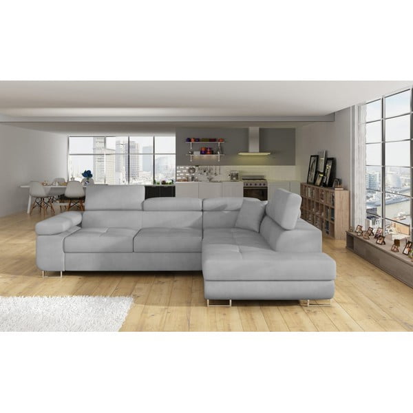Világosszürke bársony kinyitható-tárolóhelyes sarokkanapé (jobb oldali-L alakú) Anton – ELTAP-image-1