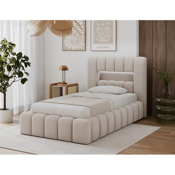 Bézs kárpitozott ágyneműtartós egyszemélyes ágy ágyráccsal 90x200 cm Lamica – ELTAP-image-1