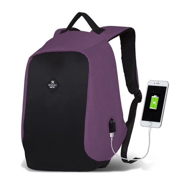 SECRET Smart Bag fekete-lila hátizsák USB csatlakozóval - My Valice