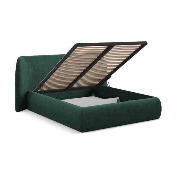 Sötétzöld kárpitozott ágyneműtartós franciaágy ágyráccsal 160x200 cm Hauke – Makamii-image-2