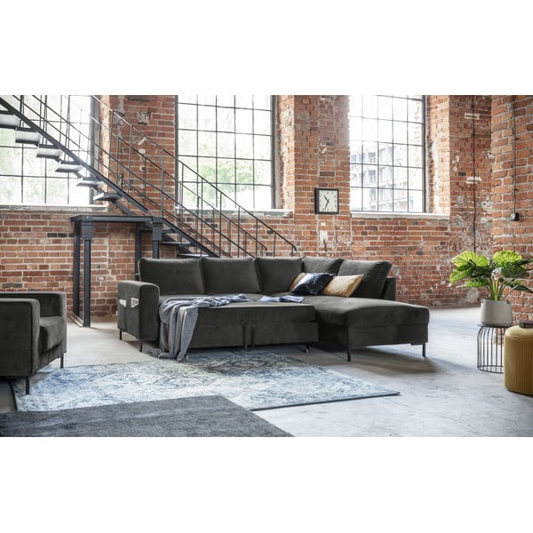 Sötétszürke bársony kinyitható sarokkanapé (jobb oldali) Lofty Lilly – Miuform-image-1