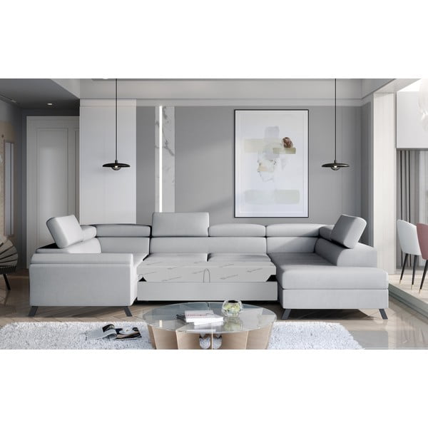 Világosszürke bársony kinyitható-tárolóhelyes sarokkanapé (jobb oldali-U alakú) Escada – ELTAP-image-2