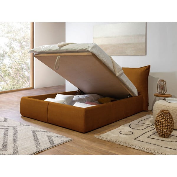 Okkersárga kárpitozott franciaágy tárolóhellyel ágyráccsal 160x200 cm Jade – Bobochic Paris-image-4