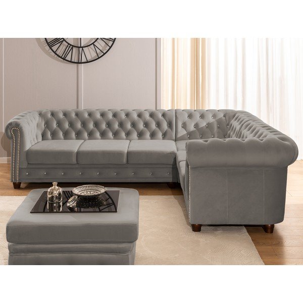 Szürke bársony kinyitható sarokkanapé (jobb oldali-L alakú) York Blik – Ropez-image-4