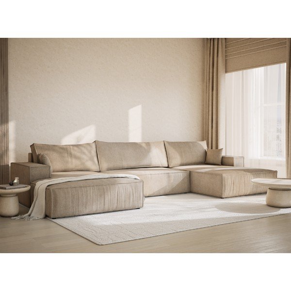 Bézs zsenília kinyitható-tárolóhelyes (U alakú) sarokkanapé Kyoto – Maison de Rêve-image-1