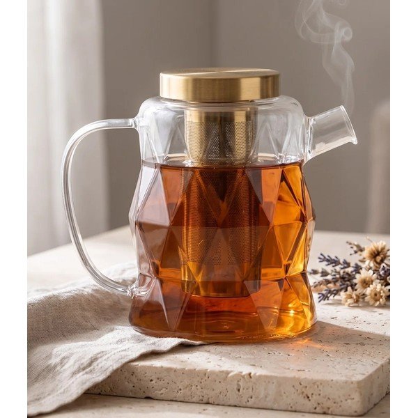 Aranyszínű üveg teáskanna szűrővel 1,3 l Geo – Vialli Design-image-1