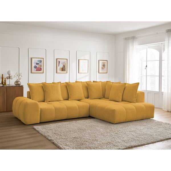 Mustársárga zsenília kinyitható-tárolóhelyes sarokkanapé (jobb oldali-L alakú) Everest – Bobochic Paris-image-1