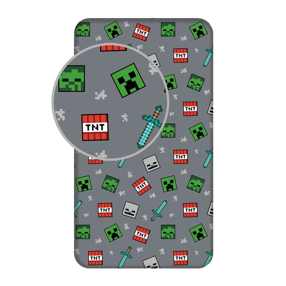 Szürke gumis egyszemélyes pamut gyerek lepedő 90x200 cm Minecraft "We got this" – Jerry Fabrics