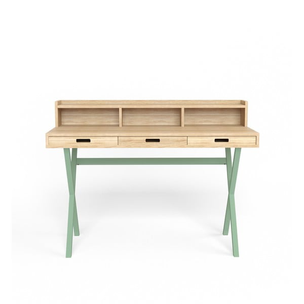 Hyppolite tölgyfa íróasztal zöld fém lábakkal, 120 x 55 cm - HARTÔ