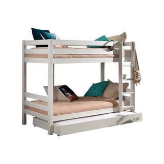 Fehér emeletes-kihúzható pótággyal borovi fenyő ágyneműtartós gyerekágy 90x200 cm PINO – Vipack