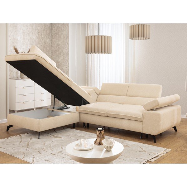 Krémszínű zsenília sarokkanapé (bal oldali-L alakú) Marbeya  – Ropez-image-1