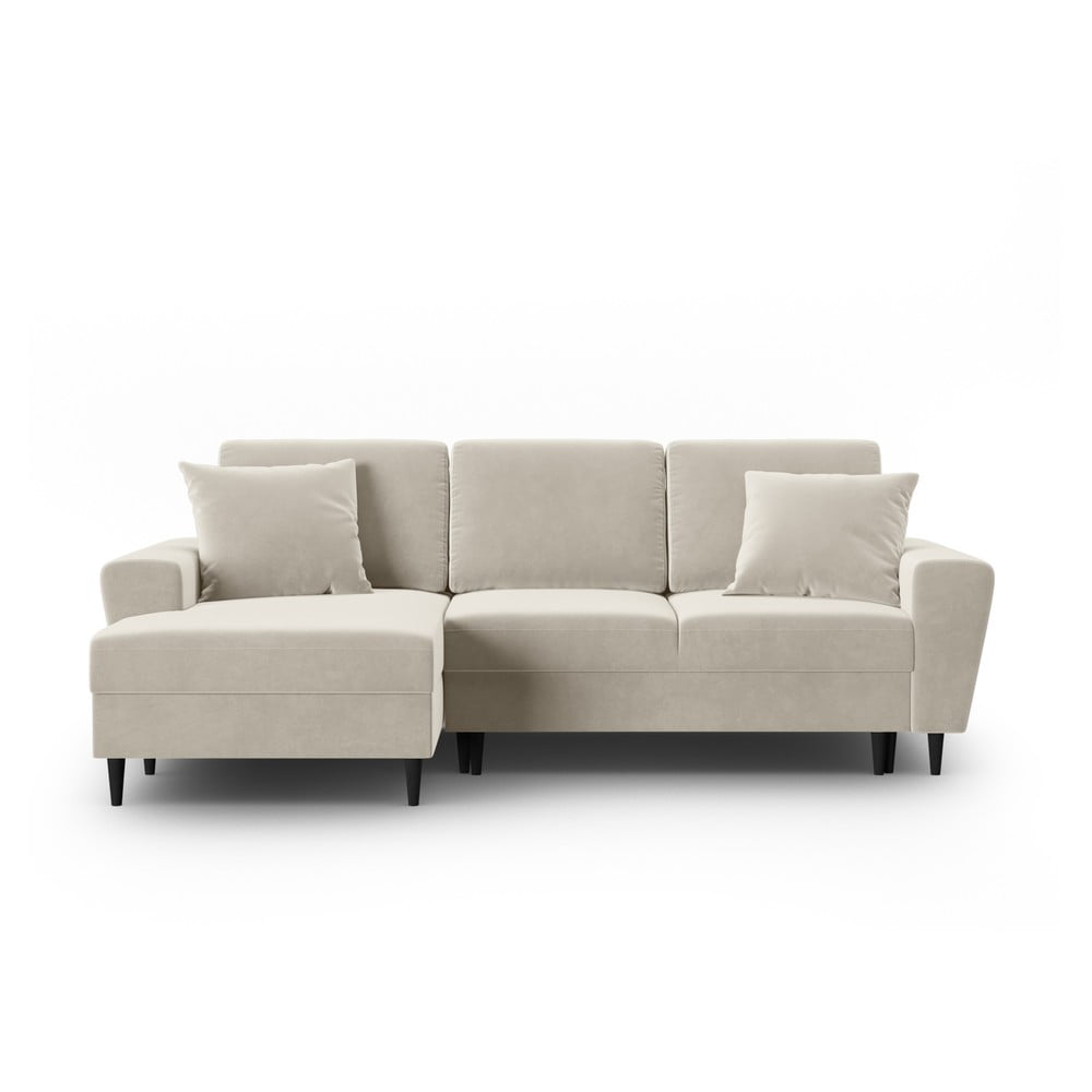 Bézs bársony kinyitható tárolóhelyes sarokkanapé (bal oldali-heverő résszel) Kyoto – Cosmopolitan Design