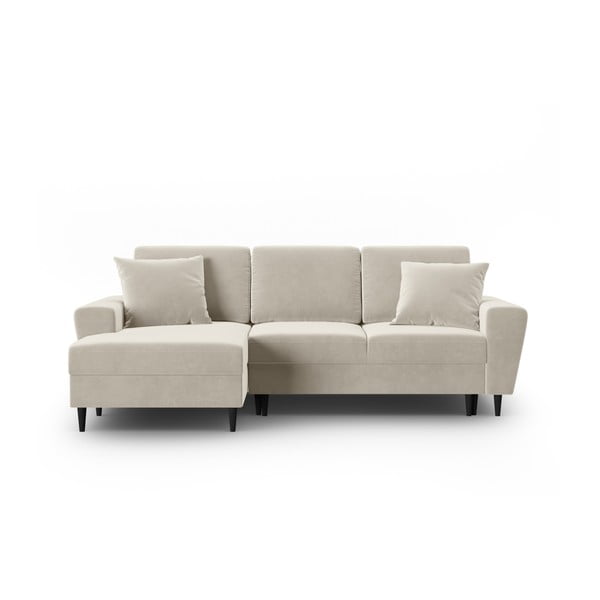 Bézs bársony kinyitható tárolóhelyes sarokkanapé (bal oldali-heverő résszel) Kyoto – Cosmopolitan Design