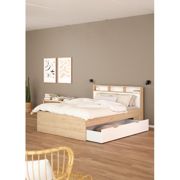 Natúr színű ágyneműtartós franciaágy ágyrács nélkül 140x200 cm tölgyfa dekorral Ikast – Tvilum-image-1