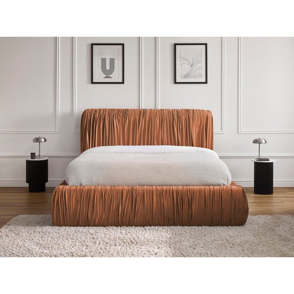 Narancssárga kárpitozott ágyneműtartós franciaágy ágyráccsal 180x200 cm Blair – Bobochic Paris-image-1