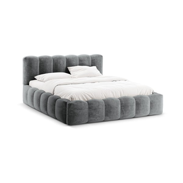 Szürke kárpitozott ágyneműtartós franciaágy ágyráccsal 160x200 cm Lupine – Micadoni Home-image-3