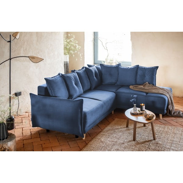 Sötétkék kordbársony kinyitható sarokkanapé (jobb oldali) Lazy Lukka – Miuform-image-3