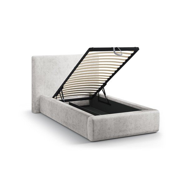 Világosszürke kárpitozott ágyneműtartós egyszemélyes ágy ágyráccsal 90x200 cm Amy – Micadoni -image-1